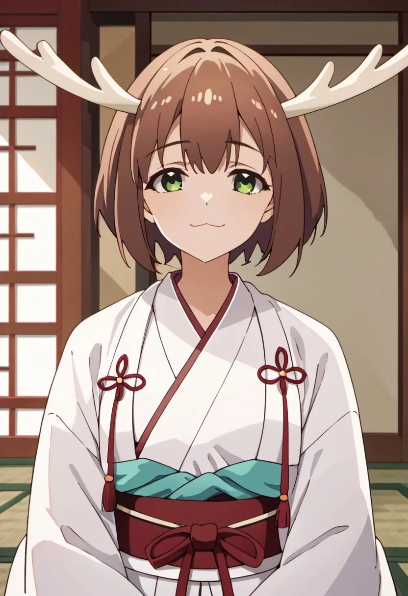 score_9, score_8_up, score_7_up, source_anime,shikanoko noko, short hair, brown hair, green eyes, antlers, 1girl, solo, japanese clothes, miko, looking at viewer, upper body, closed mouth, white kimono, kimono, smile, :3