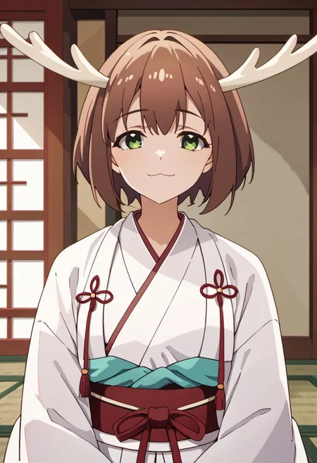 score_9, score_8_up, score_7_up, source_anime,shikanoko noko, short hair, brown hair, green eyes, antlers, 1girl, solo, japanese clothes, miko, looking at viewer, upper body, closed mouth, white kimono, kimono, smile, :3