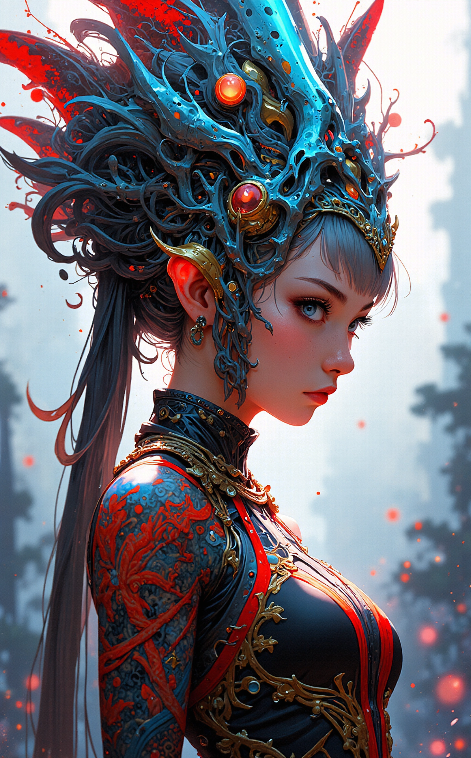 anime, niji, (off-center composition, dynamic left aligned composition), BaroCybPnk, Futuristic, Baroque, Cyberpunk, Photography, cinematic, The image is a portrait of a young woman wearing a futuristic-looking headpiece. The headpiece is made up of a large, ornate headdress with intricate designs and patterns in shades of blue, red, and gold. The woman's face is turned to the side, with a serious expression. She is wearing a long, flowing dress with a high neckline and long sleeves. The dress is decorated with gold and red accents, and the bodice is covered in intricate patterns and designs., cinematic film still anime artwork fantasy art by Kouta Hirano, sci-fi art by Kunio Okawara, , Mecha design, Gundam, intricate, futuristic, action-packed, dark fantasy, intricate, detailed . anime style, key visual, vibrant, studio anime, highly detailed . shallow depth of field, vignette, highly detailed, high budget, bokeh, cinemascope, moody, epic, gorgeous, film grain, grainy
