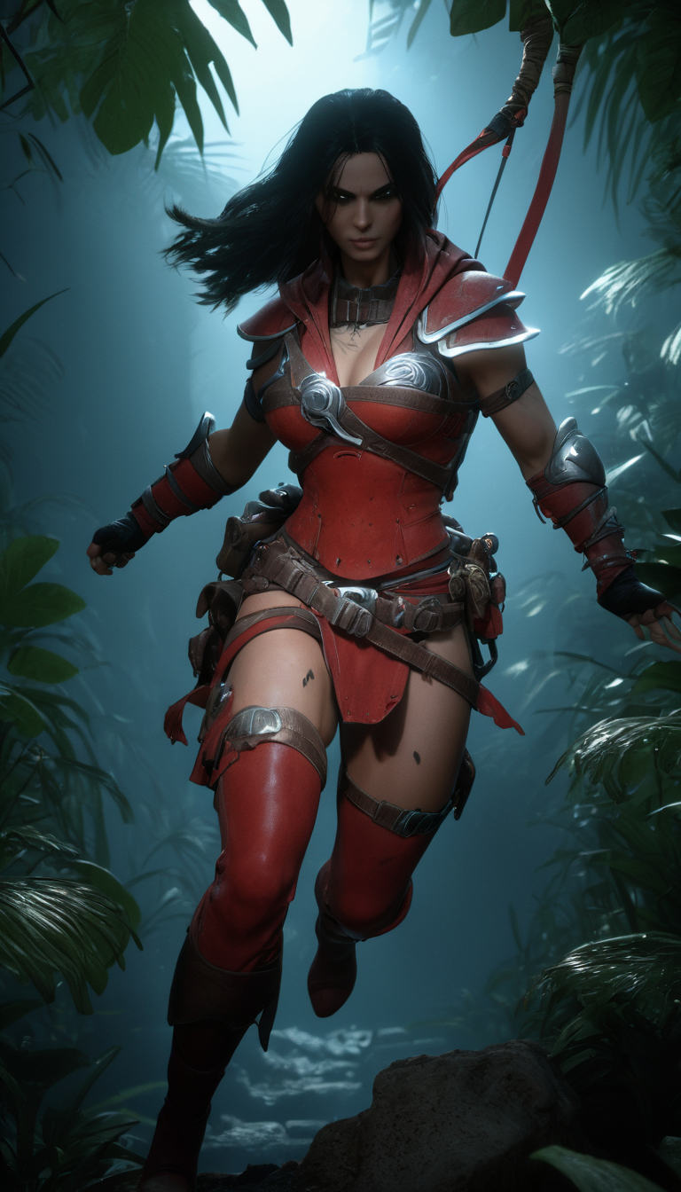 professional 3d model Cinematic scene, hero view, diablo 4, rogue, action pose, <lora:diablo_4_rogue_v0.0.1:1>, jungle, masterpiece, best quality, high quality, absurdress . octane render, highly detailed, volumetric, dramatic lighting