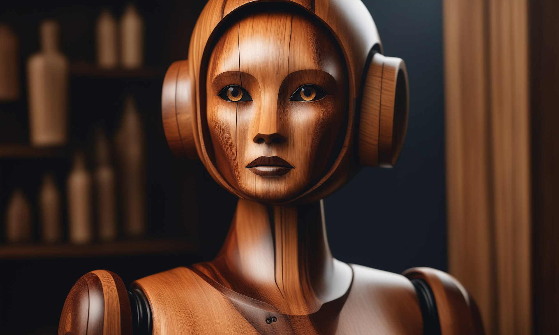 <lora:woodcarvingcd_xl-000005:0.8>,a female robot puppet made of wooden,woodcarvingcd_xl,wood carving,upper body,no humans,still life,humanoid robot,cute,cutie,indoors,front view,facing viewer,looking at viewer,(Unbelievable Digital Artwork:1.3),CGSociety,ArtStation,master works, emotional, harmonious, high budget, moody, epic, gorgeous, perfect lighting, realistic, photorealistic, photographic, photo (medium),real, moody lighting, volumetric lighting, reality ray tracing, 8K, HDR, UHD, masterpiece, best quality, highly detailed, high resolution, finely detail, extremely detailed, ultra detailed, wallpaper