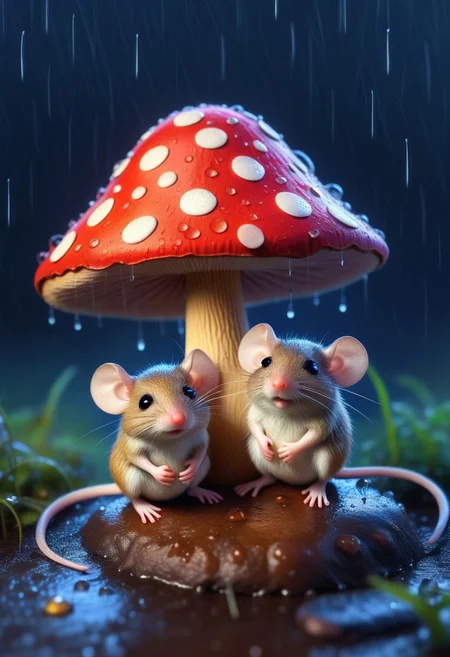 fantasy. Two little mouses sits under a toadstool on a rainy summer night.
perfection style, vivid colors, colorful, Cute Animals page