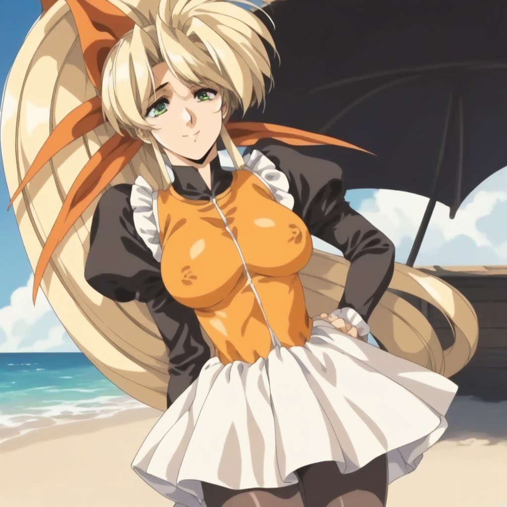 fr0nt1nn0c3ntStyl3, Style: Front Innocent, Artist Style: Urushihara Satoshi, 1girl, masterpiece, highres, high quality, fantasy, score_9, score_8_up, score_7_up, score_6, source_anime, rating_lewd, cowboy shot, mature female, Faye_(Front_Innocent), BREAK, beach, (covered nipples), seductive smile, smile BREAK, , BREAK, Faye, blonde hair,very long hair,high ponytail,very long sidelocks,hair bow,green eyes, dress,black shirt,orange vest,long_sleeves, white skirt,frills, black pantyhose, short boots,