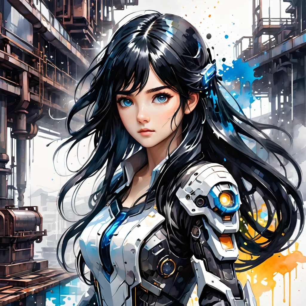 ink splashing,semi realistic, 2d game scene,oil and watercolor painting,
<lora:fantasy_world:1>ï¼
Masterpiece, illustration,8K wallpaper, super detailed,portrait,(full body),(dissection:1.5),(Disassemble:1.3)
(1 girl:1.5),(solo),(long black hair:1.4),(Machine structure body),ponytail, (Medium breasts),(Beautiful detailed blue eyes: 1.3),
(white background: 2), mecha,natural light, light tracing