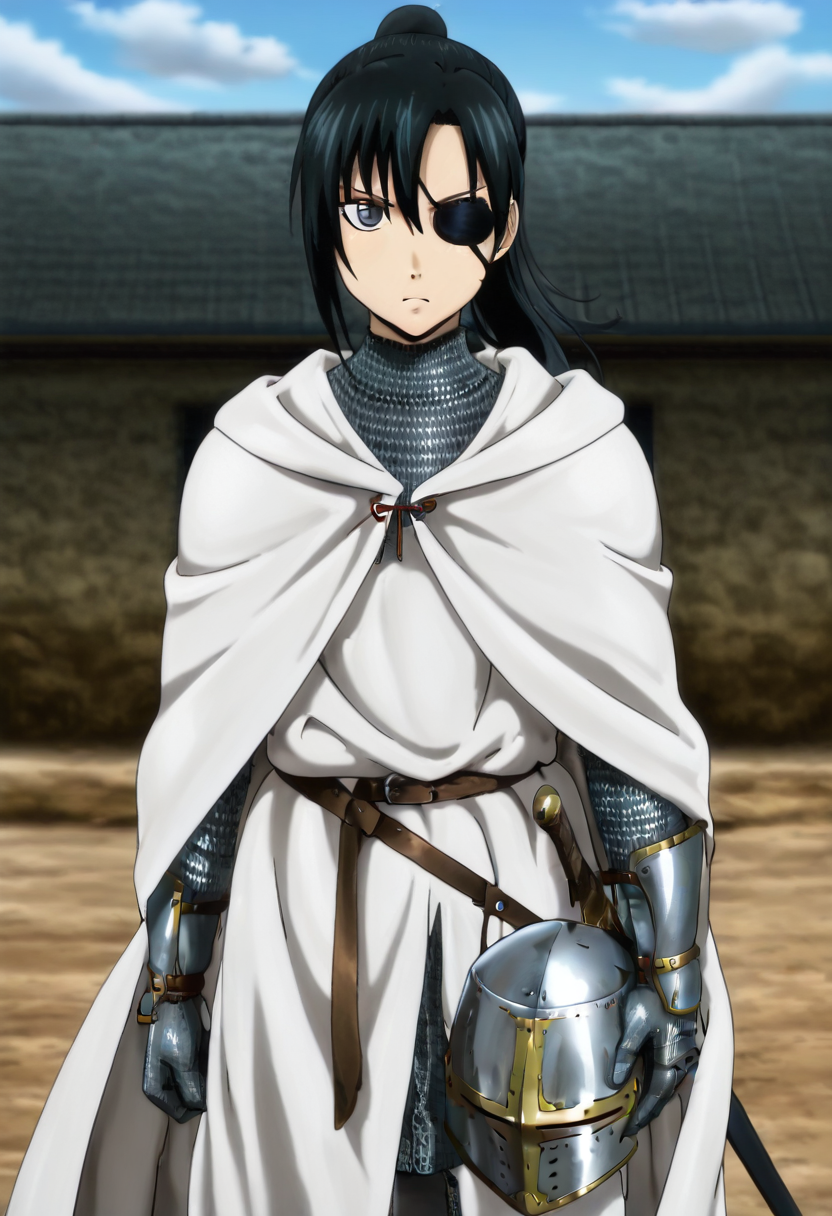 masterpiece, best quality, absurdres, detailed skin, detailed eyes, detailed face, anime colored, anime screencap, anime colored,
<lora:yagyu_kyuubei:1>, 1 girl, kyubei, 
cowboy shot, looking at viewer, serious,
<lora:Great_Helm:0.9>, chainmail, ((holding helmet)), greathelm, sword, sheathed, cape, gauntlets,
outdoors,