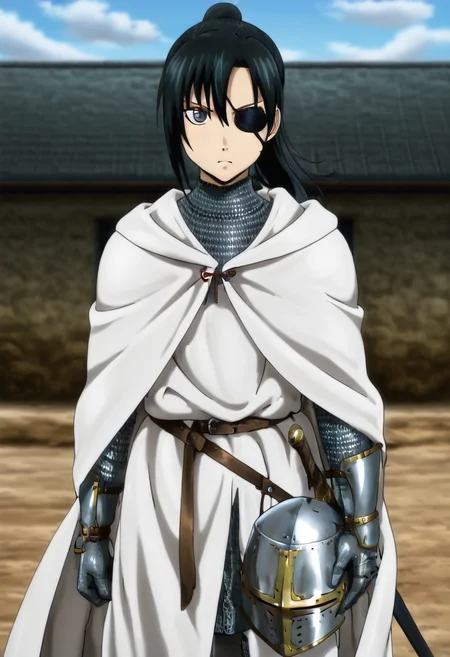 masterpiece, best quality, absurdres, detailed skin, detailed eyes, detailed face, anime colored, anime screencap, anime colored,
<lora:yagyu_kyuubei:1>, 1 girl, kyubei,
cowboy shot, looking at viewer, serious,
<lora:Great_Helm:0.9>, chainmail, ((holding helmet)), greathelm, sword, sheathed, cape, gauntlets,
outdoors,