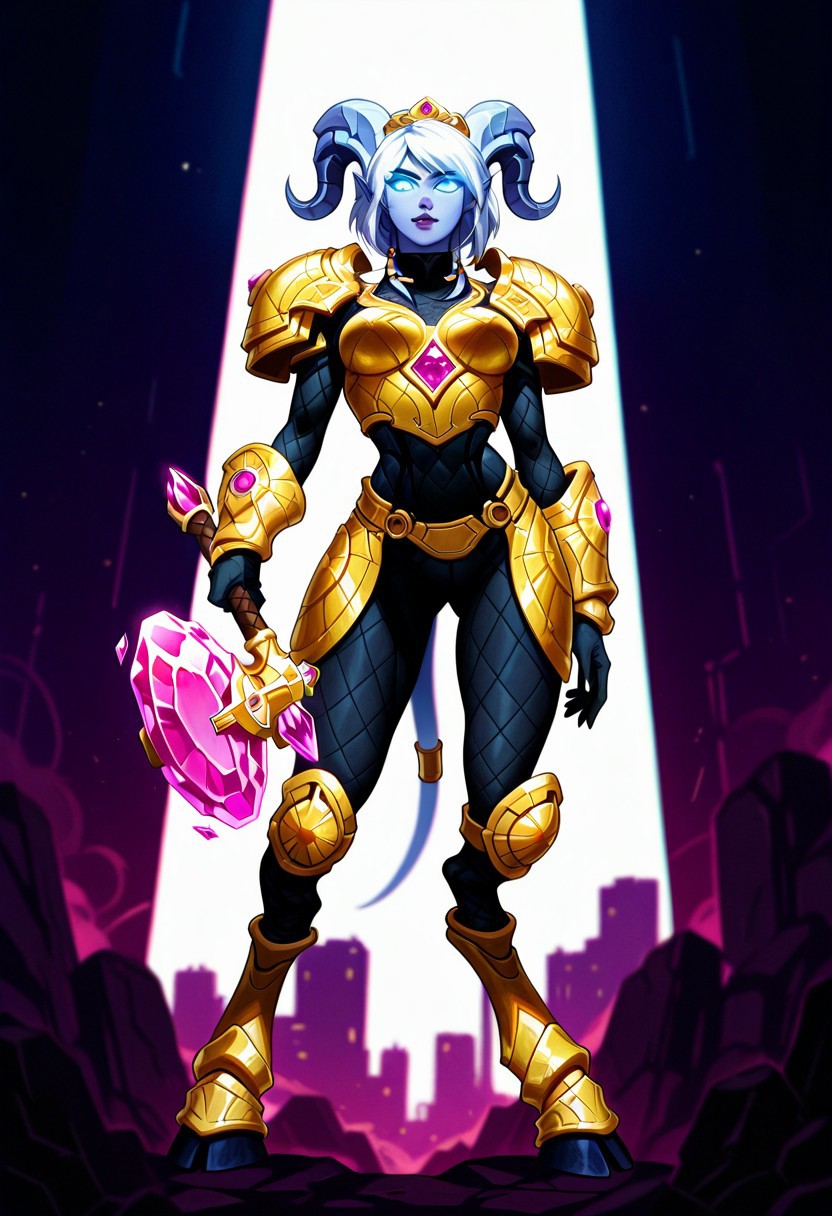 YrelHotS, 1girl, solo, draenei, colored skin, blue skin, horns, white hair, short hair, bangs, diadem, pointy ears, light blue colored sclera, glowing eyes, nose, lips, white and golden armor, large breast, shoulder armor, gloves, bracers, breastplate, pelvic curtain, hooves, tail, tail ornament, leg armor, hammer of the Naaru, holding hammer,
,seductive pose, sexy pose, tease, 
masterpiece, best quality, ultra-detailed, very aesthetic, detailed background, very aesthetic, newest, scenery, highres, 4k, absurdres, 8k, colorful,vibrant, glowing, perfect face, 2d, perfect eyes, detailed eyes, 
 masterpiece, best quality, ultra-detailed, very aesthetic, newest, scenery, absurdres, perfect anatomy, , perfect face, perfect eyes, mature body, clear eyes, beautiful eyes, athletic, curvy body, athletic girl, perky tits, perfect tits, round breasts, pinup pose, teasing, lustful expression,
muscular female, dutch angle, 
,detailed eyes, Smooth Negative, highres, absurdres, uncensored , vibrant saturated colors, volumetric lighting,wide depth of field, sharp, ray tracing, 
dark_fantasy_style, dark fantasy, retro,90s_anime_aesthetic, 1990s (style), retro, retro artstyle,retro_artstyle, retro, cyberpunk