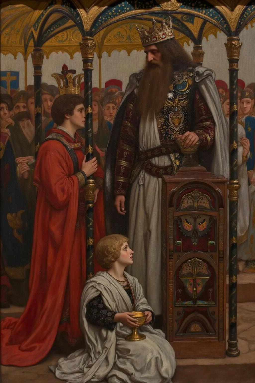 edwinabbey1 painting.
A grand medieval scene set within a richly decorated cathedral. A King with a long beard, wearing an golden crown and a ceremonial robe, stands at an throne with an elaborate canopy, A boy is sitting on the floor beside the throne, holding a golden grail. Behind the boy is a courtier wearing a red robe, leaning against the throne. <lora:edwinabbey1_cap_d6a3:1.0><lora:837012495467055681:0>