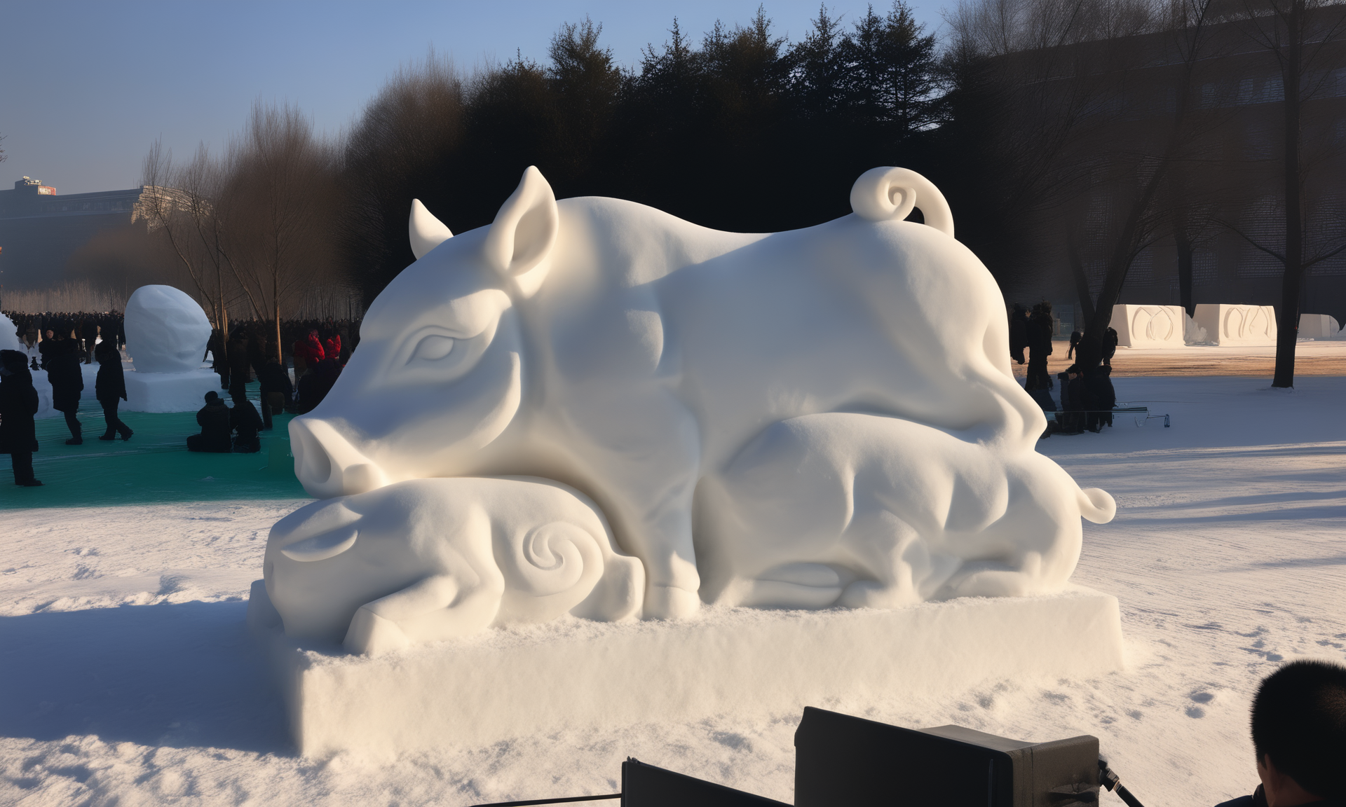 <lora:snowsculpturecd_xl-000006:0.8>,a snow sculpture of a boar made of snowsculpturecd_xl sitting on snowfield,snowsculpturecd_xl body,snowsculpturecd_xl face,winter,midday,solo,outdoors,in park,blue sky,there were a lot of people watching in the distance,chinese zodiac,cute and lovely,still life,from front,looking at viewer,close-up,full body,no humans,fine art,detailed,hi-res photo, emotional,harmonious,high budget,moody,epic,gorgeous,perfect lighting,realistic,photorealistic,photographic,photo (medium),real,moody lighting,volumetric lighting,reality ray tracing,8K,HDR,UHD,masterpiece,best quality,highly detailed,high resolution,finely detail,extremely detailed,ultra detailed,wallpaper