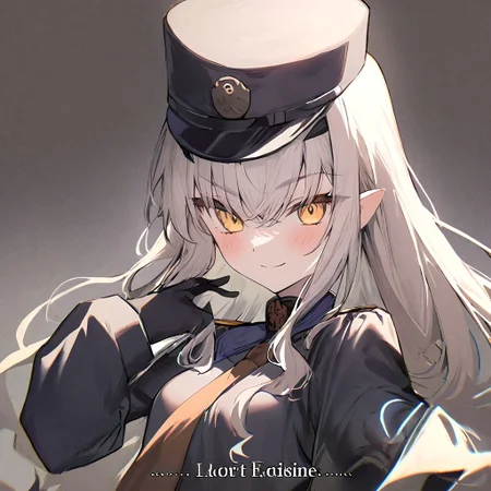 1girl, Melusine \(fate grand order\), fate grand order, solo, long hair, hat, white hair, ears, yellow eyes, peaked cap, jacket, black gloves, hand on own hip, closed mouth, hair over one eye, looking at viewer, brown necktie, large breasts, eyes visible through hair, smile, long sleeves, gloves, upper body, light green hair, character name, necktie, breasts, english text, blush, black headwear, white jacket, 
masterpiece,best quality,  newest, absurdres, safe <lora:ag31_twin_fp8-000036:1>