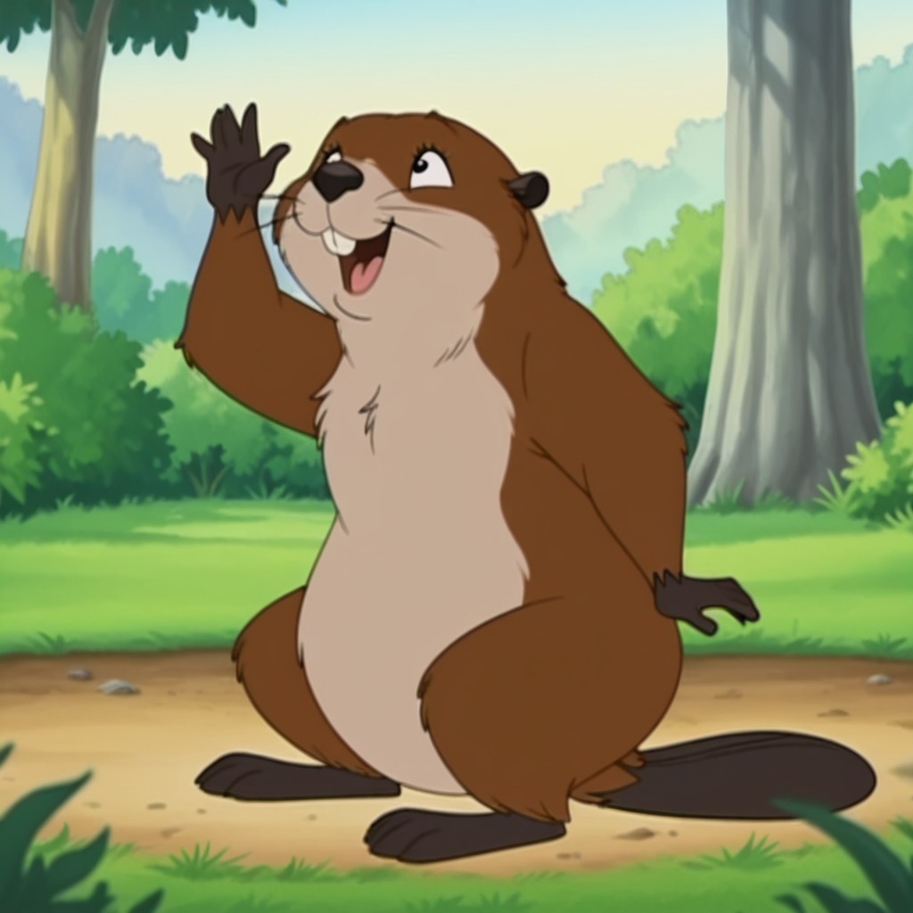 masterpiece, best quality, amazing quality, beaverfrnklnil, semi-anthro, female beaver, brown fur, black eyes, buck teeth, whiskers, outside, full body, waving