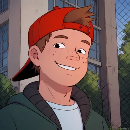 score_9, score_8_up, score_7_up, pinup boy pose, Expressiveh, a sexy 18 year old,  face focus, looking at viewer, perfect face, colorful, dramatic angle, unique perspective, unique angle, wide angle, school yard, school building in background, smile, smile, hat, backwards hat, shirt, jacket, brown hair, freckles, 1boy, solo