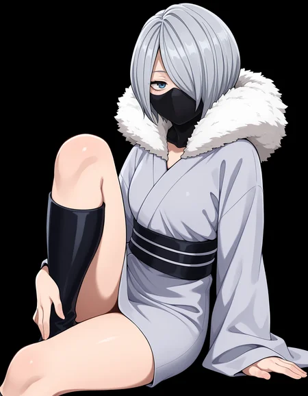 <lora:Yanagi Reiko - My Hero Academia (IllustriousXL):1>
1girl, solo,
y4nagi, hair over one eye, short hair, grey hair, blue eyes,
grey kimono, short kimono, long sleeves, wide sleeves, fur trim, fur collar, black sash, ninja mask, kneehighs, knee boots,
sitting, knee up, looking at viewer, arm support,, masterpiece, best quality, amazing quality,, (simple background, black background:1.1),