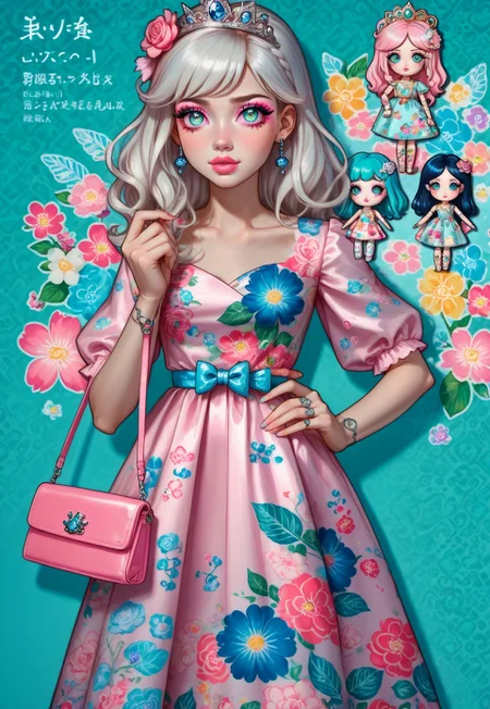 ((fullbody)) ((Licca-chan : 1.2)), moe, kawaii, cute, doll, doll joints, big sparkling eyes, detailed lips, makeup, hands on hips, holding, holding purse, fashion, ((doll_clothes)), (princess), gown, accessories, hair ornaments, too many hair ornaments, simple background, print background, pastel background, (pastel pink floral and bubble shoujo manga background), pastel pink floral print background, bubbles, text, text captions, ((Japanese text))