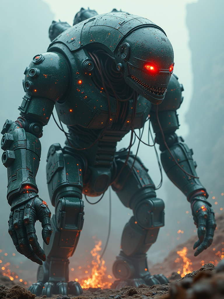 A huge mechanical creature covered with complex code and circuits, its eyes flashing red and destroying everything around it.