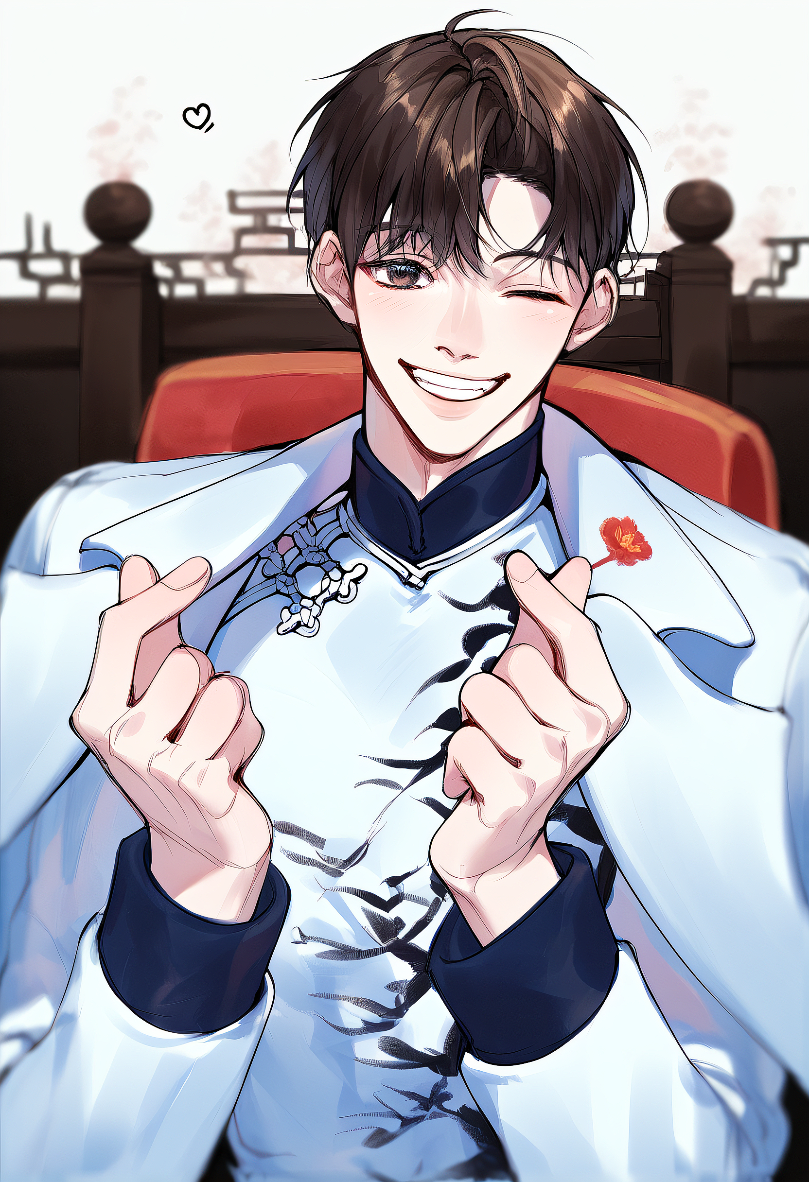 embedding:Pony\Positive\zPDXL3, score_9, score_8_up, score_7_up, score_6_up, score_5_up, 1boy, passion_xinlu, brown hair, brown eyes, lean, hanfu, Chinese costume, jacket finger heart, wink, smile, hands up, upper body