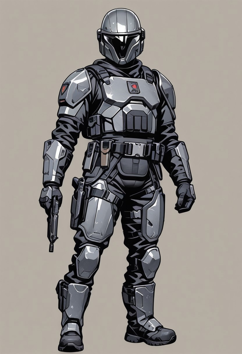 score_9, score_8_up, score_7_up, masterpiece, best quality, very aesthetic, detailed face, (dynamic:1.1), partial illumination, thick linework, illustration, 1male, muscular, black body suit, gray armor, belt, holsters, pouches, tactical knife, sheath, blaster carbine, heavy armor, solo, simple background, shoulder crest, full body view, boot knife, tactical gear,