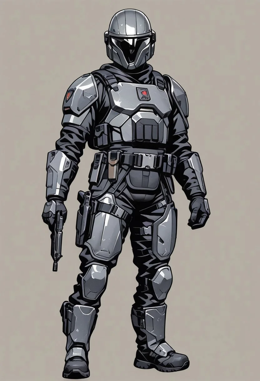 score_9, score_8_up, score_7_up, masterpiece, best quality, very aesthetic, detailed face, (dynamic:1.1), partial illumination, thick linework, illustration, 1male, muscular, black body suit, gray armor, belt, holsters, pouches, tactical knife, sheath, blaster carbine, heavy armor, solo, simple background, shoulder crest, full body view, boot knife, tactical gear,