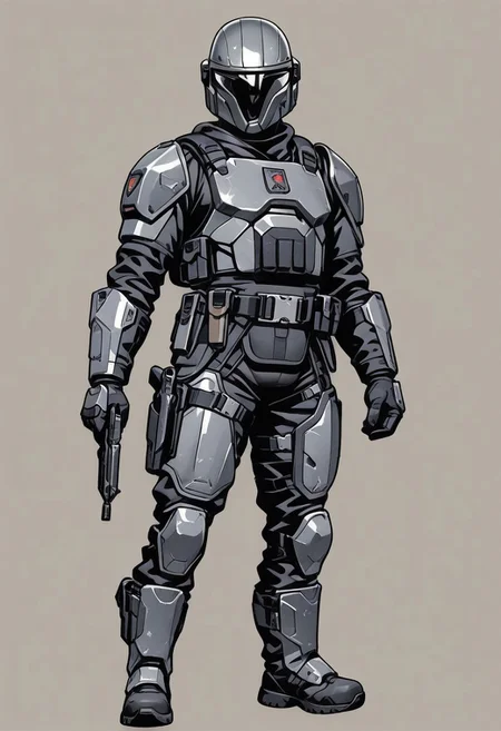 score_9, score_8_up, score_7_up, masterpiece, best quality, very aesthetic, detailed face, (dynamic:1.1), partial illumination, thick linework, illustration, 1male, muscular, black body suit, gray armor, belt, holsters, pouches, tactical knife, sheath, blaster carbine, heavy armor, solo, simple background, shoulder crest, full body view, boot knife, tactical gear,