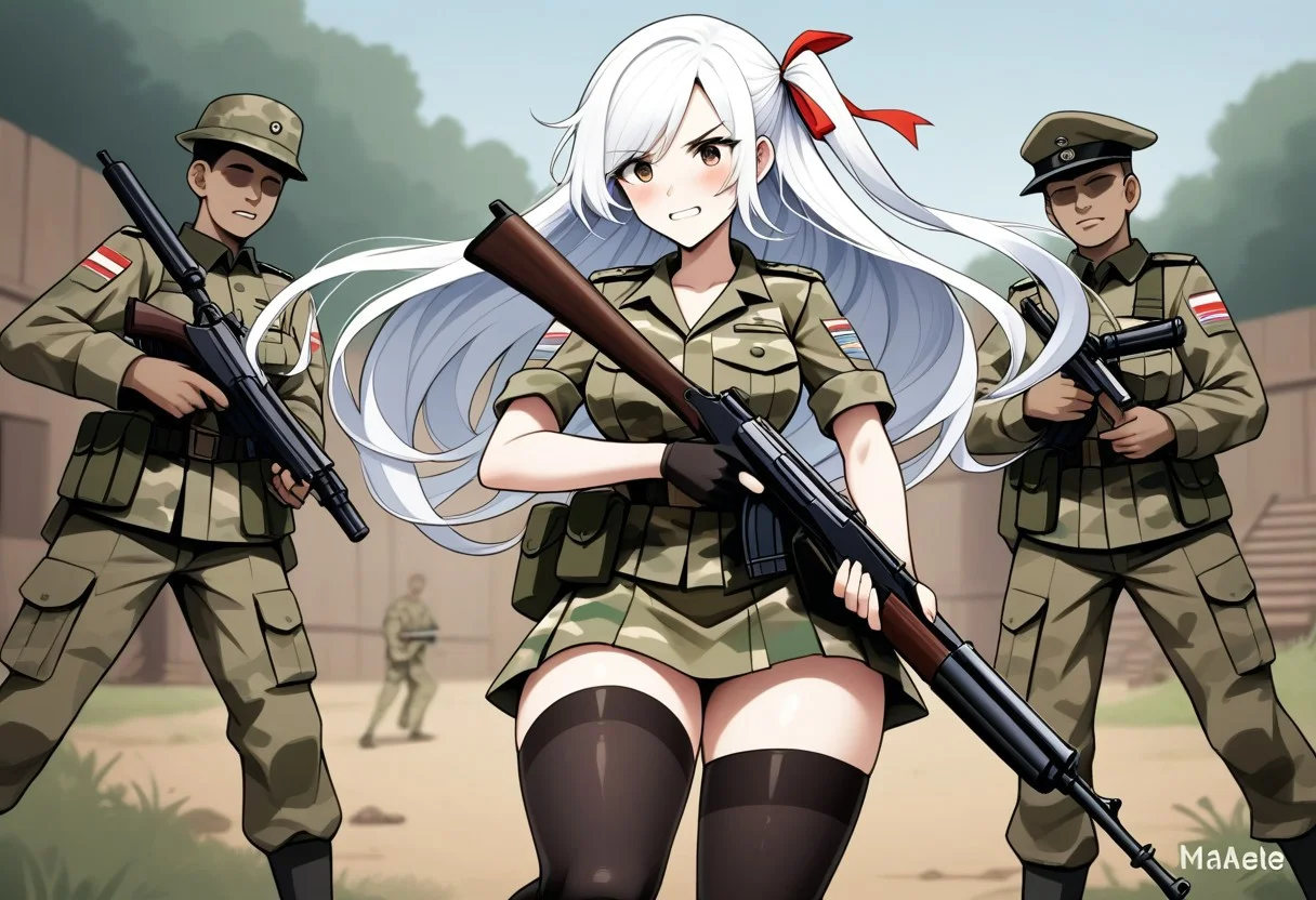 Standard army set, with camuplage,long flowing white hair that reached down to her hips ,hair tip ribbon,one side up,,black thighhighs which add touch elegence,she standing with on legs slightly bent , battle skirt,thighhighs,(two arm position holding one shotgun:1.4), holding weapon properly ,deserted town, cleavege ,gun shooting pose , ground veicle (tank),captured female soldier Gangbanged , forced sex,army camp