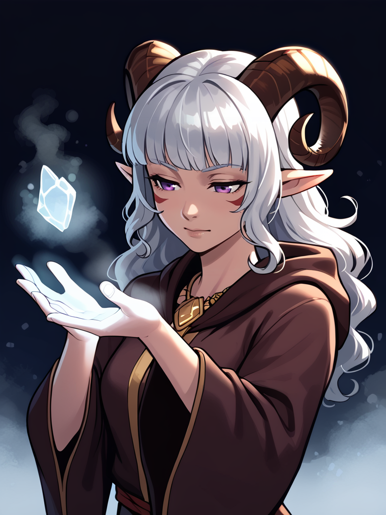 dark background, solo, close up,<lora:cryokinesis:0.8> ice_mist:1.2, breath,  aura on hand:1.4,frost, spotlight, frost hands:1.4, cryokinesis,  dust,
source_furry, score_7_up, rating_safe,  gold necklace, tiefing, short pointed ears, brown horns, (a pair of brown sheep Horns that begin at her temples and curve back: 1.5), bangs, long silver hair long wavy hair, pale skin, <lora:whisker_markings:0.8>red whisker_markings ,short pointy ears, purple eyes, <lora:age_slider_v4:0.6>   medium breasts, skinny female, silver hair, <lora:Tieflingnew weird fantasyDND:0.3> Tiefling, pointed ears, horns, half-closed eyes<lora:Smooth Style 2 SDXL_LoRA_Pony Diffusion V6 XL:0.4> bell, robe, hood off
,dancing,