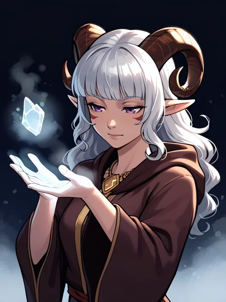 dark background, solo, close up,<lora:cryokinesis:0.8> ice_mist:1.2, breath, aura on hand:1.4,frost, spotlight, frost hands:1.4, cryokinesis, dust,
source_furry, score_7_up, rating_safe, gold necklace, tiefing, short pointed ears, brown horns, (a pair of brown sheep Horns that begin at her temples and curve back: 1.5), bangs, long silver hair long wavy hair, pale skin, <lora:whisker_markings:0.8>red whisker_markings ,short pointy ears, purple eyes, <lora:age_slider_v4:0.6> medium breasts, skinny female, silver hair, <lora:Tieflingnew weird fantasyDND:0.3> Tiefling, pointed ears, horns, half-closed eyes<lora:Smooth Style 2 SDXL_LoRA_Pony Diffusion V6 XL:0.4> bell, robe, hood off
,dancing,