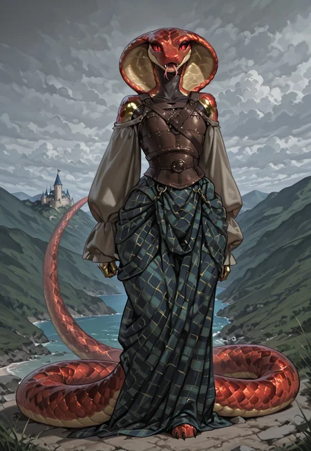 score_9_up, score_8_up,_7_up,_6_up,_5_up, score_4_up,score_7_up, masterpiece, heavy detailed, male, Sozshi, femboy, scalie, cobra, snake, snake fangs, flat chested, slit pupil,snake tail, scales, snake tongue, snake hood, black body, red scales, red eyes, shiny, gold scales, metal skin, curvy, girly, small shoulders, wide hips, dark sclera, jastaf,, no humans, Great Kilt outfit, Solo, smile, outside, Scotland, castle remains, standing, hills in the background, very cloudy, looking at viewer, shore in the distance, male, long sleeves, baggy sleeves, leather chest armour, blue war paint, full body,