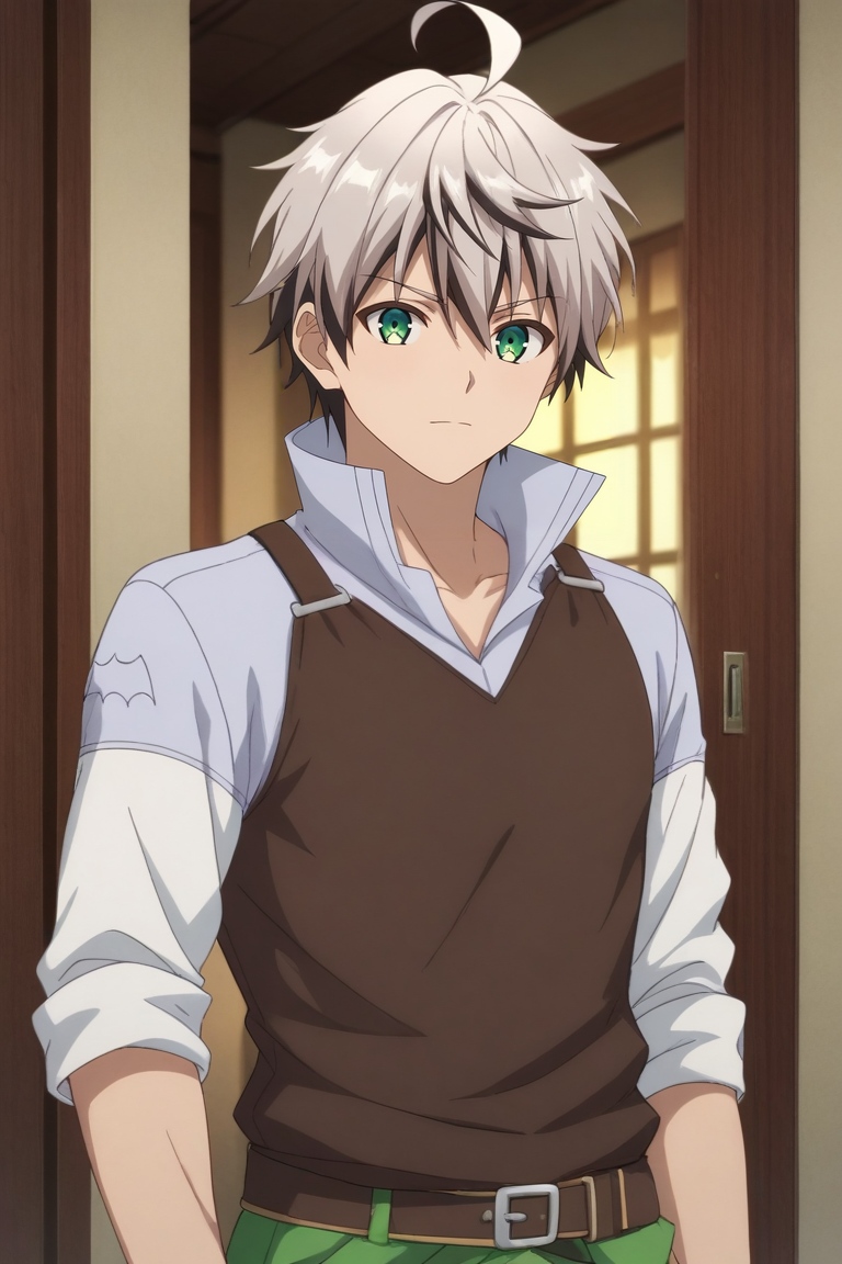 score_9, score_8_up, score_7_up, source_anime, rating_safe, intricate details, (realistic:0.6), , , 1boy, solo, male focus, <lora:rein_shroud_pony:0.82>, rein_shroud, grey hair, green eyes, short hair, multicolored hair, two-tone hair, black hair, bangs, hair between eyes, ahoge, , biker costume, <lora:sdxl_lightning_8step_lora:1>