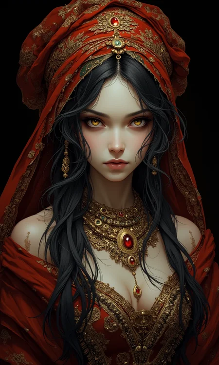 a woman with striking features. She has pale skin and long, wavy black hair cascading over her shoulders. Her eyes are piercing and framed by dark makeup, enhancing her intense gaze. She wears an ornate red headscarf adorned with intricate gold patterns, which drapes elegantly over her head and shoulders. Her attire is a dark, off-shoulder garment, complemented by elaborate gold jewelry, including a large necklace with red and green gemstones. The background is dark, adding to the dramatic and mystical atmosphere of the image. The overall composition is dynamic, (with the subject's face and upper body prominently displayed:1.3), creating a captivating and regal presence.
<lora:FluxMythP0rtr4itStyle:0.2>, beautiful, detailed, intricate, elegant, highly enhanced, dramatic light, sharp focus, illuminated background, divine, scenic, professional, artistic, attractive, pretty, cute, perfect, innocent, balanced colors, best, romantic, futuristic, stunning, magical, pure, wonderful, delicate, creative, positive, unique, flowing, color, shiny,