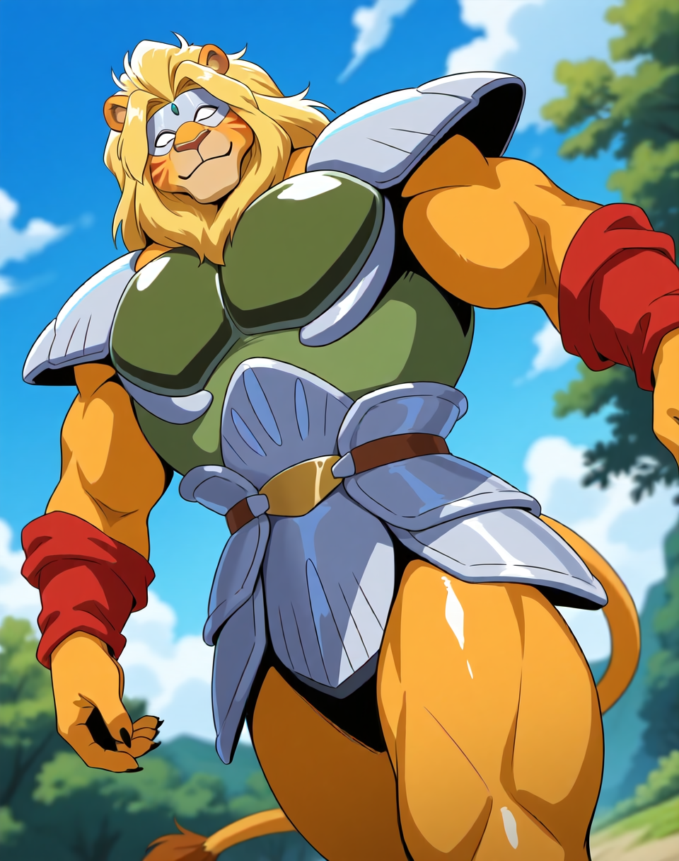 <lora:Kutal_(Shinzo)_(Illustrious)_(AD):1.35> Kutal, muscular, Shinzo, 
exterior, vivid anime blue sky with detailed clouds, forest, deep valley, 
dynamic action, dutch angle, solid white eyes, smile, solo, eye mask, cowboy shot, lion tail, bent leg, yellow hair, 
large biceps, large muscular shoulders, large muscular arms, large muscular thighs, orange body, orange fur, orange skin, 
BREAK: very awe, aesthetically pleasing, masterpiece, best quality, amazing quality, very aesthetic, perfect depth of field shot, subsurface reflections, gradient coloring, source_furry, furry_art, 
BREAK: lazympos, lazypos (3),