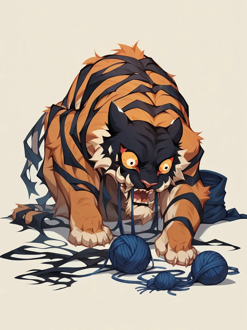 score_9, score_8_up, score_7_up, score_6_up, score_5_up,  <lora:dreamtigerXLP:1> dream tiger, no humans, solo, teeth, cute, yarn, playing