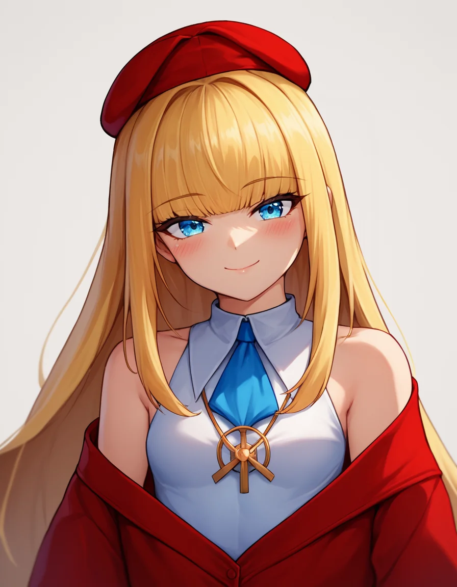 score_9, score_8_up, score_7_up, source_anime
armanbas, necklace, blue neckwear , 1girl, blonde hair, red headwear, blue eyes, long hair, white background, hat, smile, simple background, looking at viewer, upper body, bare shoulders, beret, closed mouth, sleeveless, blunt bangs, red jacket, cropped torso, off shoulder, white shirt, blush, small breasts, red dress
1girl,thick thighs,wide hips,small breasts,
<lora:Armand_(last origin) PonyXL:1>