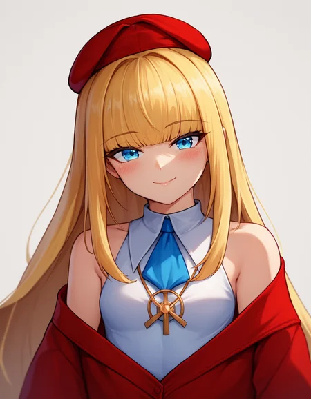 score_9, score_8_up, score_7_up, source_anime
armanbas, necklace, blue neckwear , 1girl, blonde hair, red headwear, blue eyes, long hair, white background, hat, smile, simple background, looking at viewer, upper body, bare shoulders, beret, closed mouth, sleeveless, blunt bangs, red jacket, cropped torso, off shoulder, white shirt, blush, small breasts, red dress
1girl,thick thighs,wide hips,small breasts, 
<lora:Armand_(last origin) PonyXL:1>