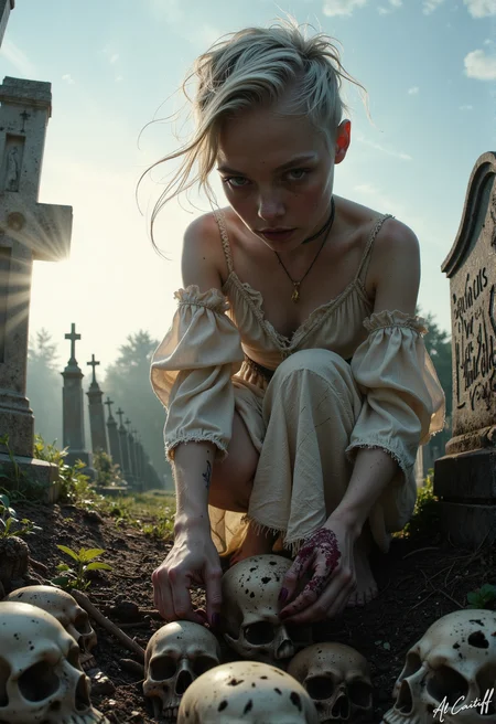 Extreme Dutch tilt, 12mm fisheye lens with pronounced barrel distortion, intense motion blur on the subject's hair, and a deep f/4 depth of field. A pale-skinned, androgynous young woman with bright green eyes and a shaved head crouches at the edge of a mist-shrouded graveyard, her worn, cream-colored sundress torn and frayed at the hem. She's surrounded by a scattering of weathered, ancient-looking skulls, some of which she's arranging into a macabre pattern. Her hands are stained with dirt and her fingers are stained with dark red paint. The air is heavy with the scent of decay and death. A faint, warm glow emanates from a distant, setting sun, casting long shadows across the graveyard's crumbling headstones., B&W, B&W<lora:Flux/Wraith_BW_Flux.safetensors:0.25000000000000006:0.25000000000000006> <lora:CustomFlux/MysticRealism.safetensors:0.7500000000000001:0.7500000000000001>