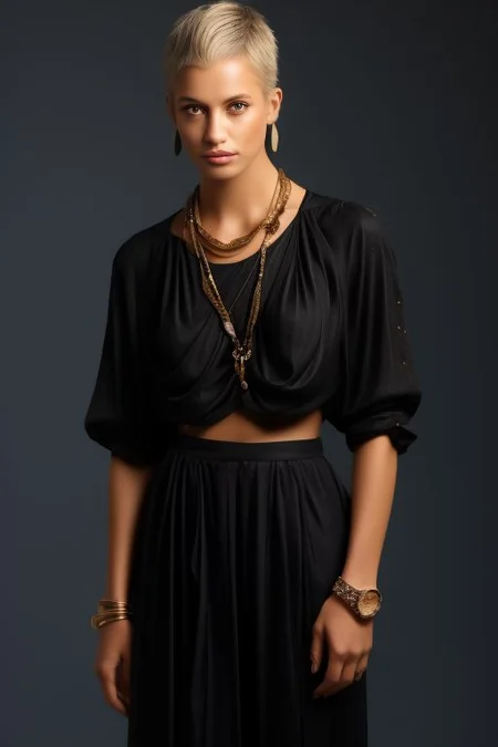 masterpiece,best quality,ultra_detailed, bellissima , studio light, 1girl wearing skirt suit, chain necklace, wristwatch, Armani style, short hair, hand on hip, realistic, fashion, cowboy shot, by annie leibovitz