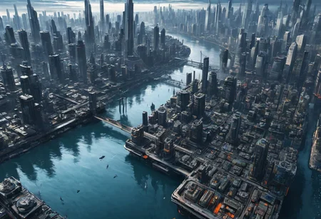 masterpiece, best quality, CITYSCAPE, river, docks, bridge, FUTURISTIC, BREATHTAKING, CYBERPUNK, (BIRD VIEW:1.5)