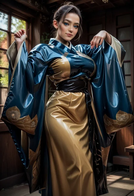 score_9, score_8_up, score_7_up, rating_safe, concept art, semi-realistic, 1girl, solo.
Young beautiful face, fit body, Blue eyes.
(Big breast:1.2), (Round breast:1.2).
Latex Kimono, (Wide sleeves:1.8), Obi.