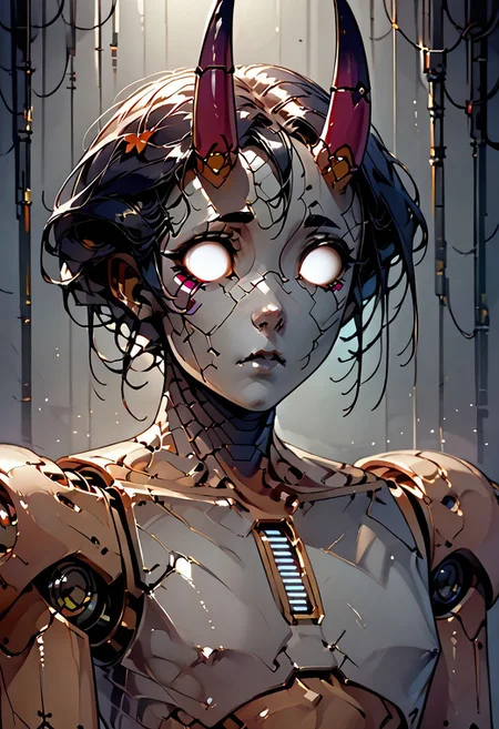<lora:Aff_anne_droid_2_:1> anne_droid, droid, JanePorterXLP ,humanoid robot,oni horns, oni girl, skin-covered horns, smooth featureless face, robot joints, body made of metals, body panelling)), ((body made of shiny white metal)), white metal skin, (entirely white skin), score_9, score_8_up, score_7_up, score_6_up, score_5_up, score_4_up