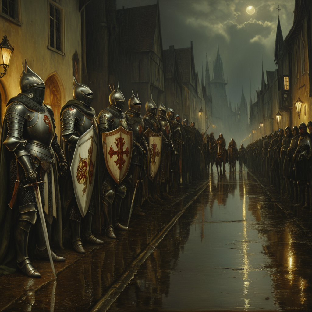 <lora:BaroqueFantasyRealismSDXL:1> Baroque Fantasy Realism, The image is a painting of a group of medieval knights standing on a street at night. The knights are dressed in full armor and are standing in a line facing towards the right side of the image. They are holding swords and shields and some of them are wearing crowns on their heads. The street is lined with buildings on both sides and there are street lamps shining down on the knights. The sky is dark and cloudy and the ground is wet suggesting that it has recently rained. The overall mood of the painting is somber and ominous., armor, helmet, weapon, 6+boys, multiple boys, realistic, gauntlets, sword, polearm, shield
