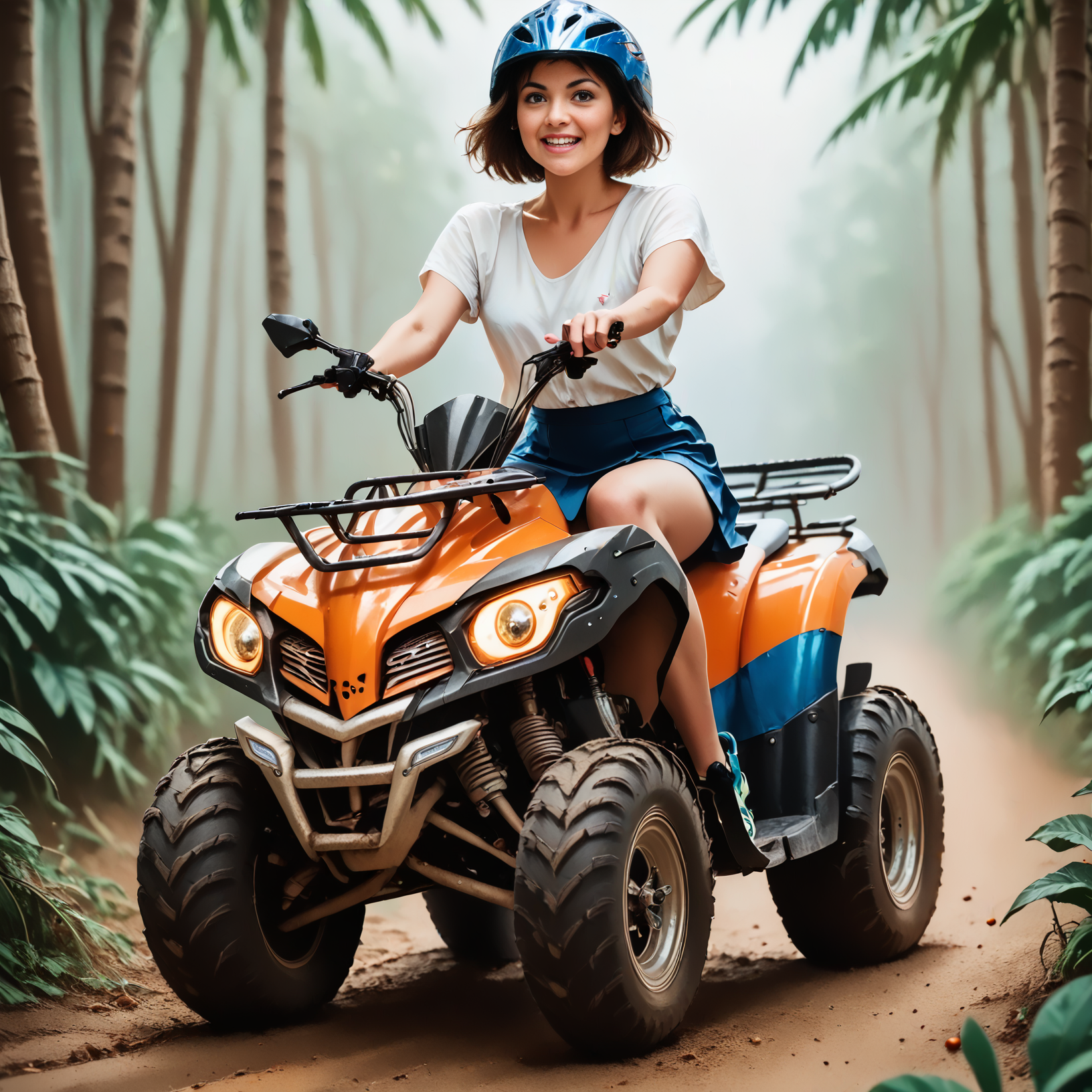score_9, score_8_up, score_7_up, riqua (side view) , (slim 25yo female) riding a quad. blue short skirt and white blouse, sneakers , short brunette hair  <lora:RideQuadPony:1>