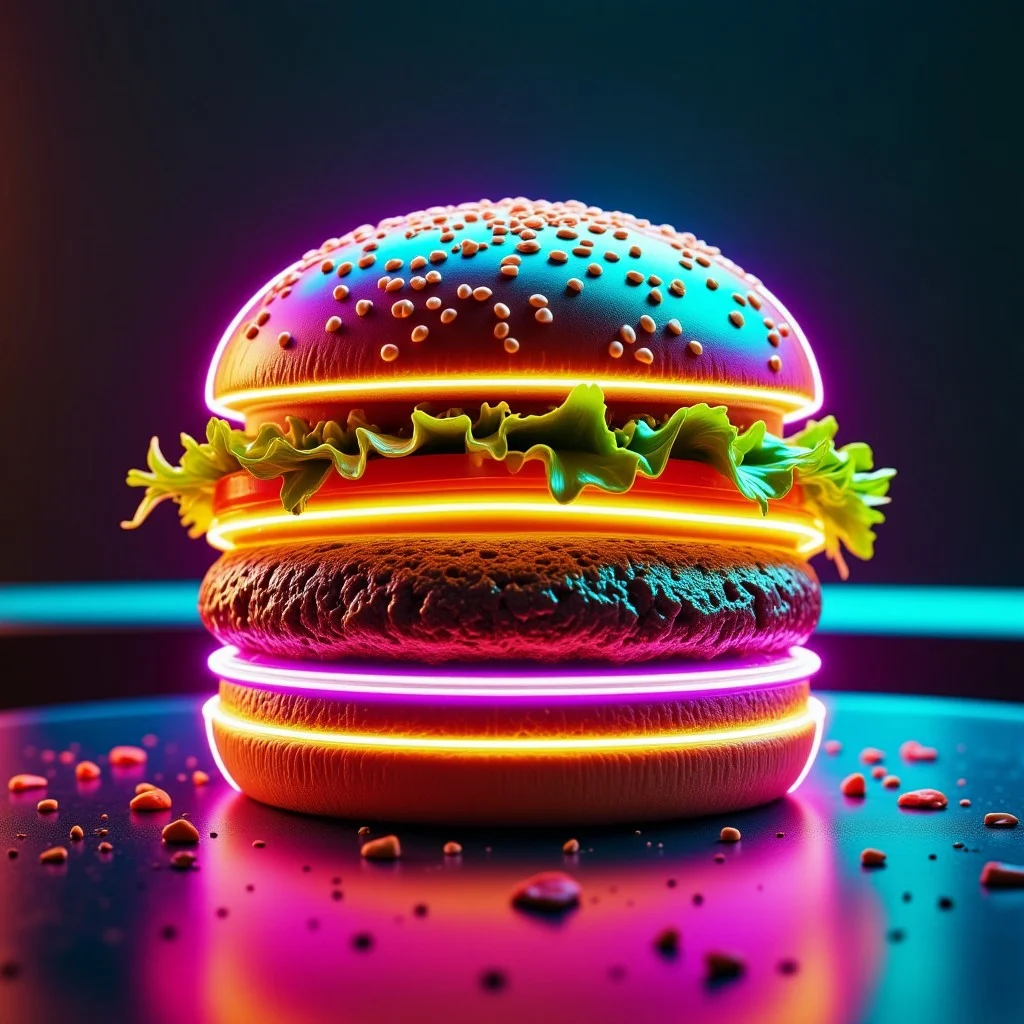 a noc-glowingneon hamburger creation, juicy beef patty, fresh lettuce and tomato, casual dining setting