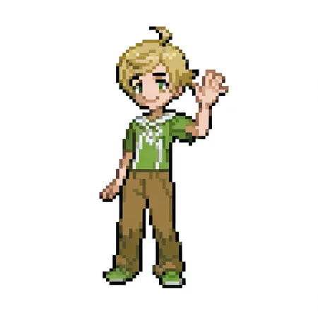 1boy,
full body,
blonde, short hair, sideswept bangs, ahoge, green eyes, thick eyebrows, smile, waving