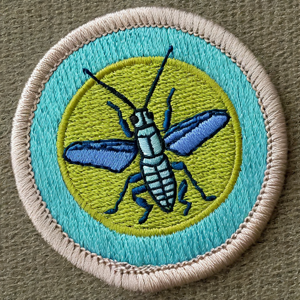 macro photograph of a circular embroidered patch of  a Cricket icon, in meritbadge style, plain background, extremely detailed, contrasting complementary colors, vignette, symmetry, centered, <lora:meritbadge_StyleXLv7.0:1>
