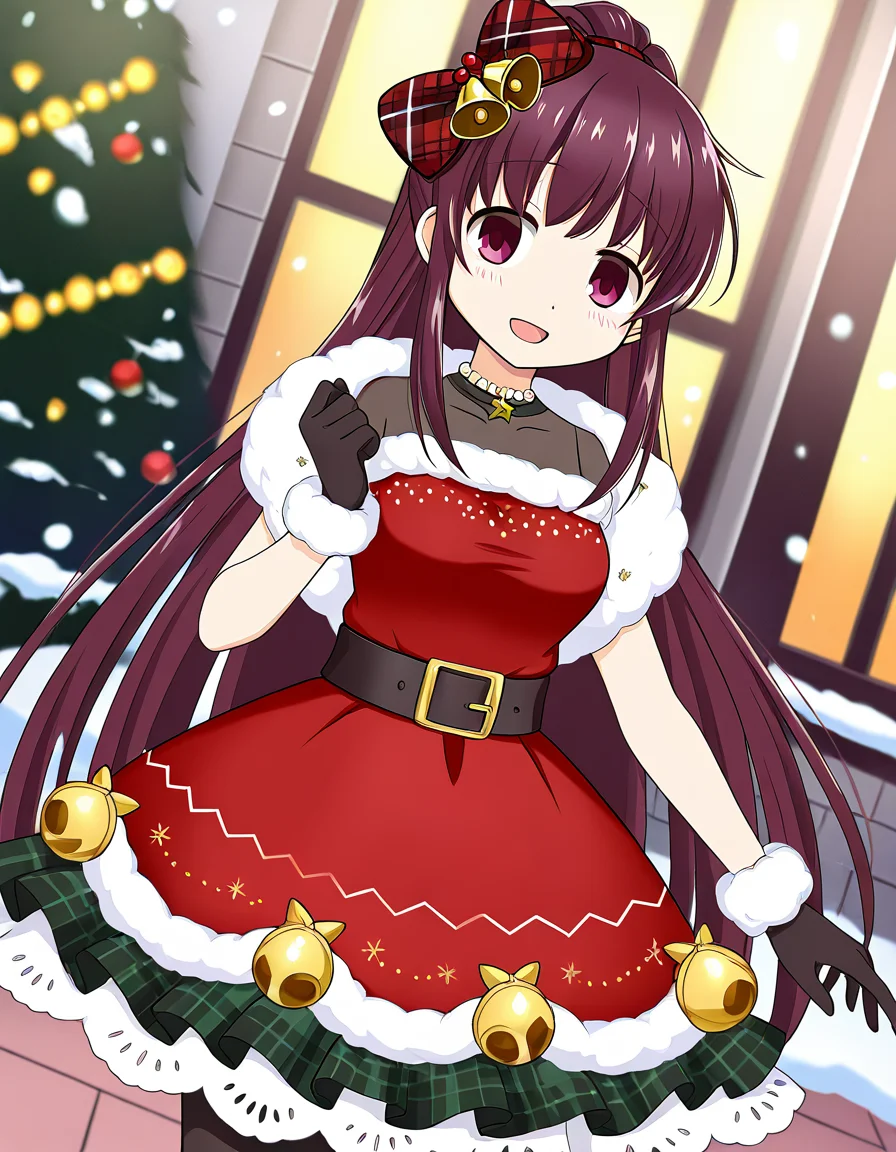 masterpiece, best quality, newest, absurdres, highres, safe, 1girl, amane tsukuyo \(christmas costume\), magia record: mahou shoujo madoka magica gaiden, pantyhose, gloves, solo, smile, open mouth, snowing, outdoors, dutch angle, <lora:amane_tsukuyo_noobaiXLNAIXL_vPred10Version:0.7>