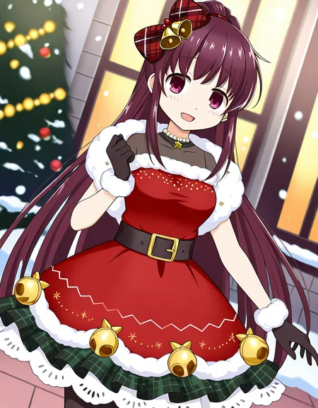 masterpiece, best quality, newest, absurdres, highres, safe, 1girl, amane tsukuyo \(christmas costume\), magia record: mahou shoujo madoka magica gaiden, pantyhose, gloves, solo, smile, open mouth, snowing, outdoors, dutch angle, <lora:amane_tsukuyo_noobaiXLNAIXL_vPred10Version:0.7>