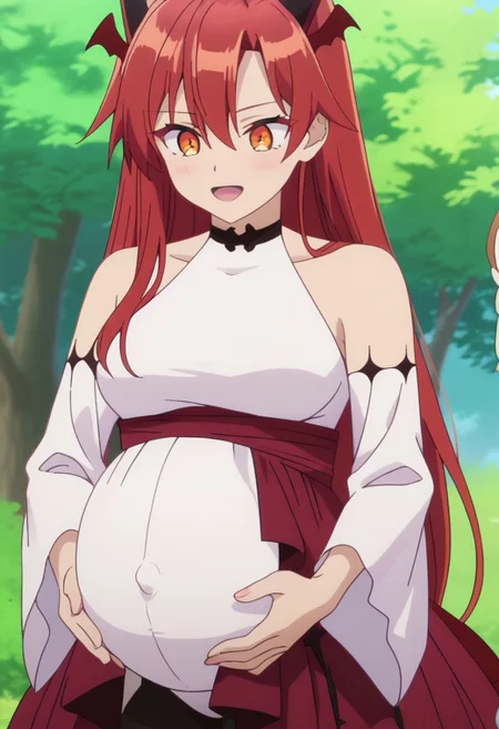 score_9, score_8_up, score_7_up, best quality, masterpiece, 4k, perfect lighting, very aesthetic, anime, anime coloring, official art, anime screencap,
OverallDetail, fFaceDetail
, happy, hand on belly, 
taniav2, red hair, long hair, horns, dragon horns, orange eyes, hair between eyes, dragon girl, head wings, dragon tail, huge pregnant belly,
bare shoulders, long sleeves, detached sleeves, white sleeves, collarbone, white shirt, red skirt, dress, wide sleeves, choker, black thighhighs, leotard under clothes,
<lora:Pregnant Bump:1>