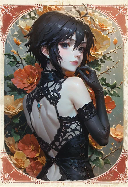 score_9, score_8_up, score_7_up, score_6_up, source_anime, <lora:Worldly_XL:1.2>  cute, 1girl, solo, petite body, <lora:KikuchiMakoto_pony_v1:0.90> kikuchi makoto, kkcmkt, short hair, black hair, antenna hair, hair between eyes, black eyes, flat chest,  small breasts, (pale skin:1.5), (far-set eyes:1.5), (lace dress:1.5), lace gloves, lace stockings, (back view:1.5)
zPDXL, zPDXL-neg