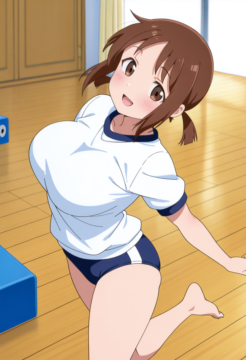 hinako_(issho_ni_training), brown hair, brown eyes, short hair, large breasts,
twintails, gym uniform, blue buruma, barefoot,
 <lora:hinako_(issho_ni_training)_Noob-XL-Eps-1.1-v1:1>, masterpiece, best quality, newest, absurdres, highres, safe,, standing, (dynamic pose) , blush,
looking at viewer,cowboy shot,open mouth,light smile, 
(indoors, )