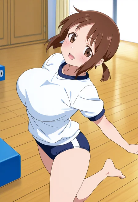 hinako_(issho_ni_training), brown hair, brown eyes, short hair, large breasts,
twintails, gym uniform, blue buruma, barefoot,
<lora:hinako_(issho_ni_training)_Noob-XL-Eps-1.1-v1:1>, masterpiece, best quality, newest, absurdres, highres, safe,, standing, (dynamic pose) , blush,
looking at viewer,cowboy shot,open mouth,light smile,
(indoors, )