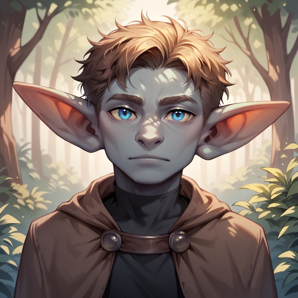 (((detailed, beautiful, high quality))), score_9, score_8_up, score_7_up, solo, upper body,
goblin, short stature, shortstack, long pointed ears, big eyes,
1boy, male focus, blond hair, blue eyes, gray skin, black top, brown cape,
(looking at viewer:1.2), posing,
forest,
